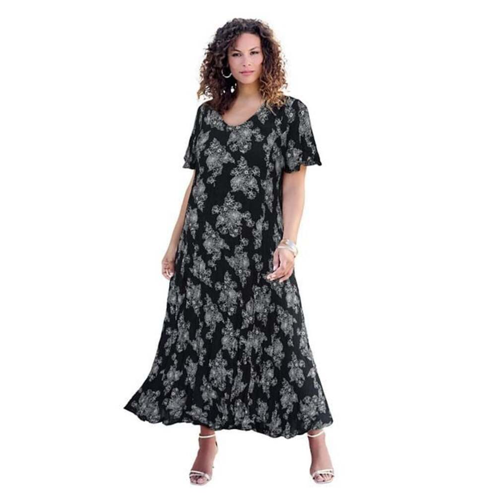Roaman's Women's Plus Size Hand Crinkled Flutter-Sleeve Maxi Dress